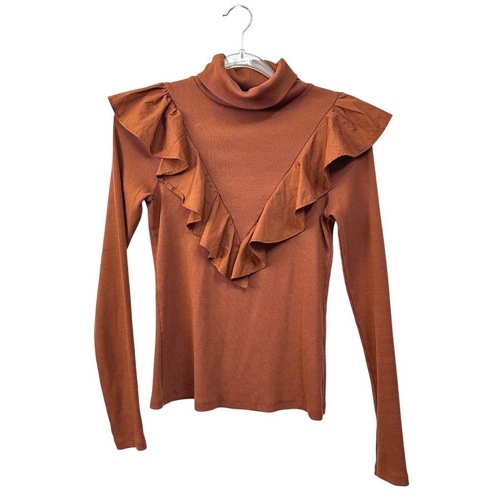 Veronica Beard Avalon Top XS Ribbed Turtleneck Rust Ruffled Yoke Soft Parisianβ